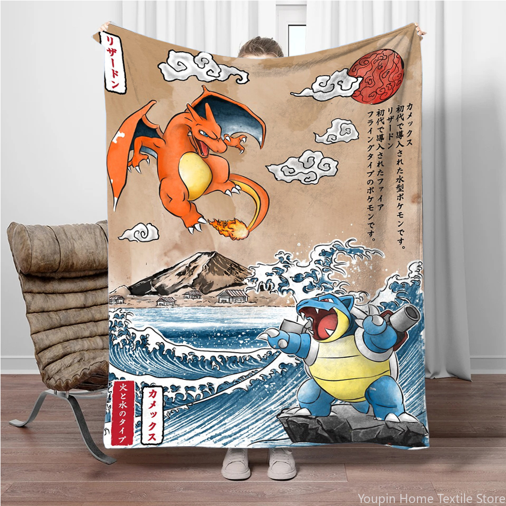 Pokemon Cartoon Retro Charizard Anime Flannel Blanket Pikachu Figures Home Sofa Lunch Break Blankets Children Student Kids Gifts